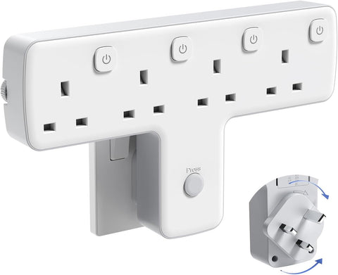 Mscien 4 Way Plug Adapter UK – 180° Rotating Multi Plug Extension with Individual Switches & Surge Protection – Keep Your Everyday Essentials Powered Without the Socket Struggle