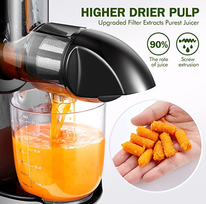 AMZCHEF Juicer Machines - Cold Press Slow Juicer - Masticating Juicer for Whole Fruits and Vegetables - Delicate Chew No Need to Filter - BPA Free Juice Extractor with 2 Cups and Brush - Black