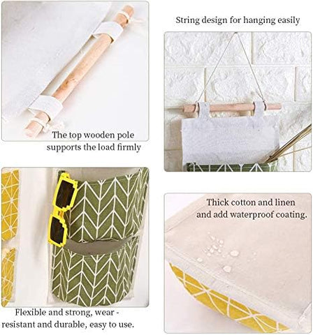 KAHEIGN 3-Piece Wall Hanging Storage Organiser – Waterproof Cotton Linen Bags with 3 Pockets Each for Bedroom, Bathroom & Kitchen – Give Every Little Essential Its Own Place
