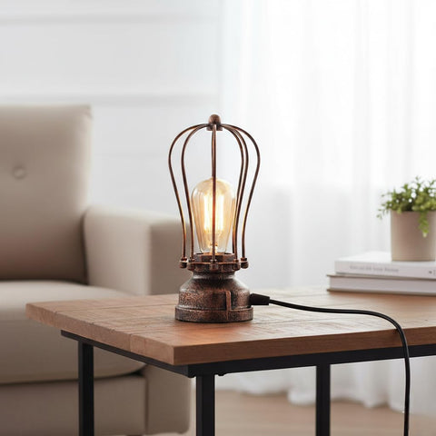 DC VOLTAGE Industrial Cage Table Lamp Black E27 LED Bedside Desk Light – Vintage Steampunk Metal Lamp for Bedroom, Living Room, Office, Café & Bar