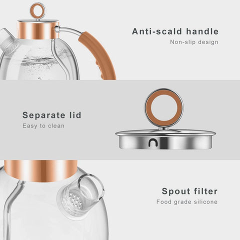 1.5L Glass Electric Kettle – Tea Heater & Hot Water Boiler, BPA-Free, Auto Shut-Off & Boil-Dry Protection – Rose Gold