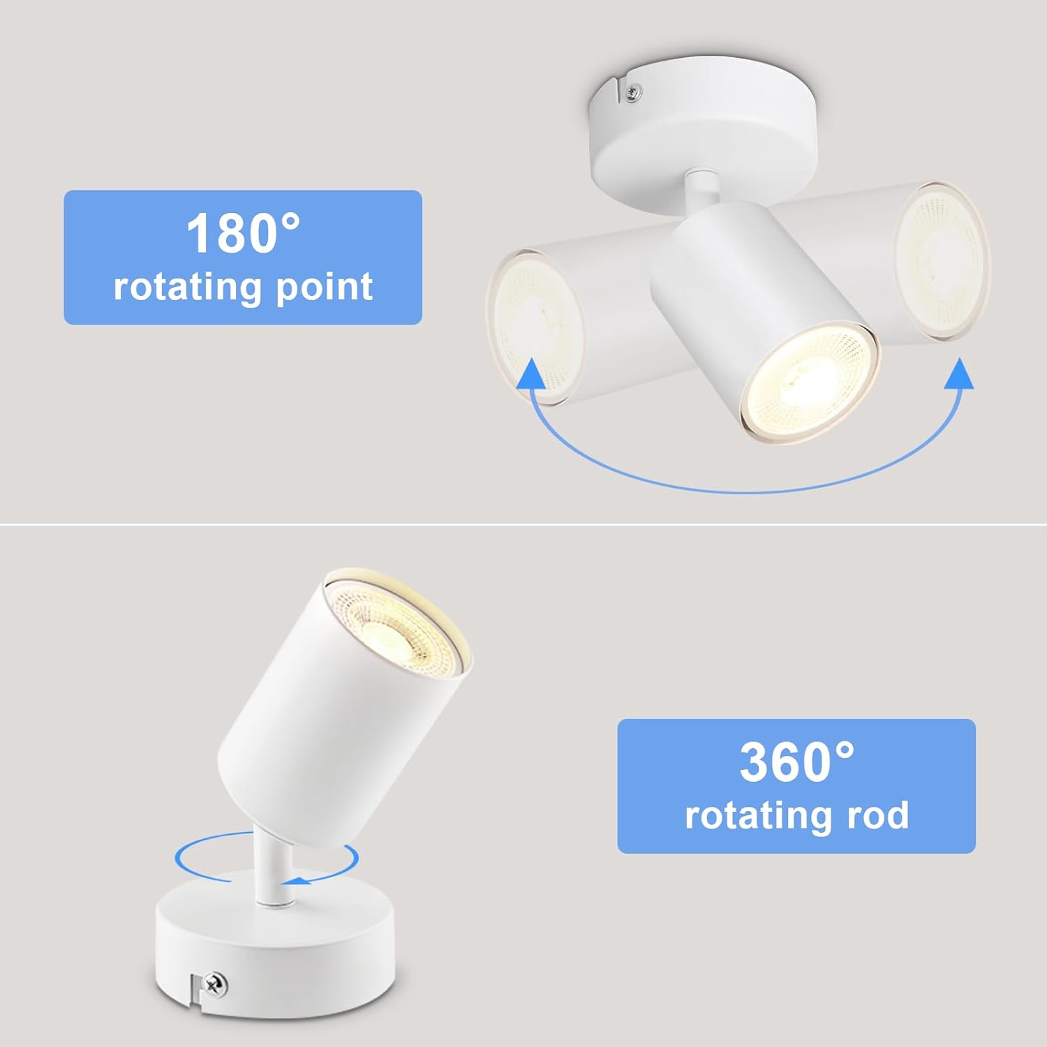 White ceiling light fixture with 180° and 360° rotation features on a gray background