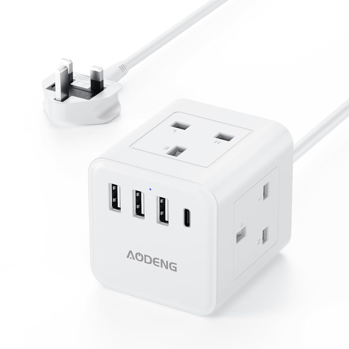 White 4-Way Extension Lead with 4 USB Ports, USB-C, Shaver Socket & 1.5m Cable – Keep Your Everyday Essentials Connected Without the Desk Clutter