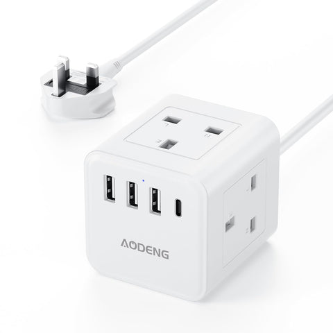 White 4-Way Extension Lead with 4 USB Ports, USB-C, Shaver Socket & 1.5m Cable – Keep Your Everyday Essentials Connected Without the Desk Clutter