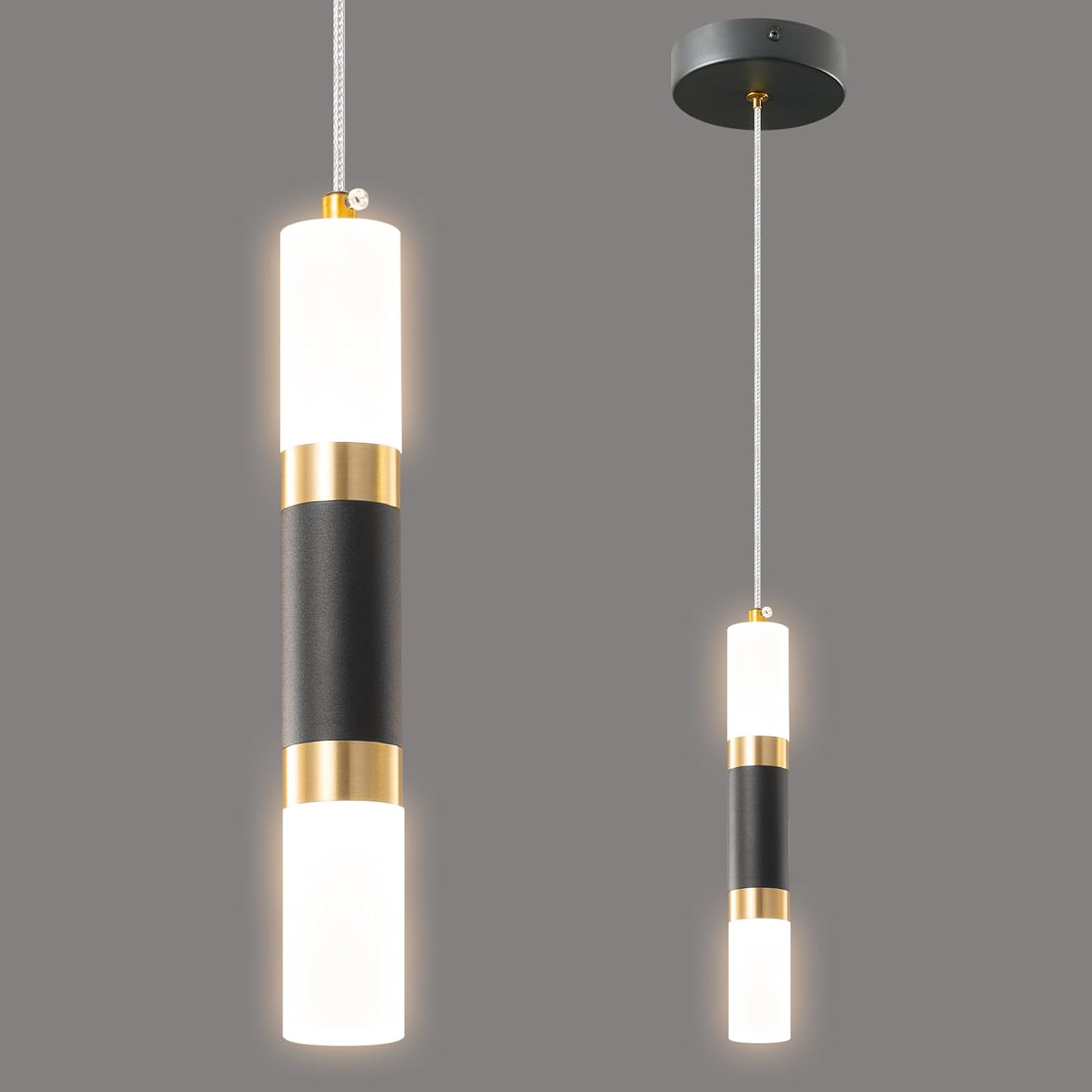 Two modern pendant lights with black, gold, and white design on a gray background