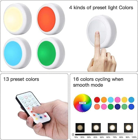 Under Cabinet Kitchen Lights, Pack Dimmable Battery Powered LED Light RGB Puck Light with Remote Control Wireless Stick On Lights Under Counter Light Sticker Light Wardrobe Light, White