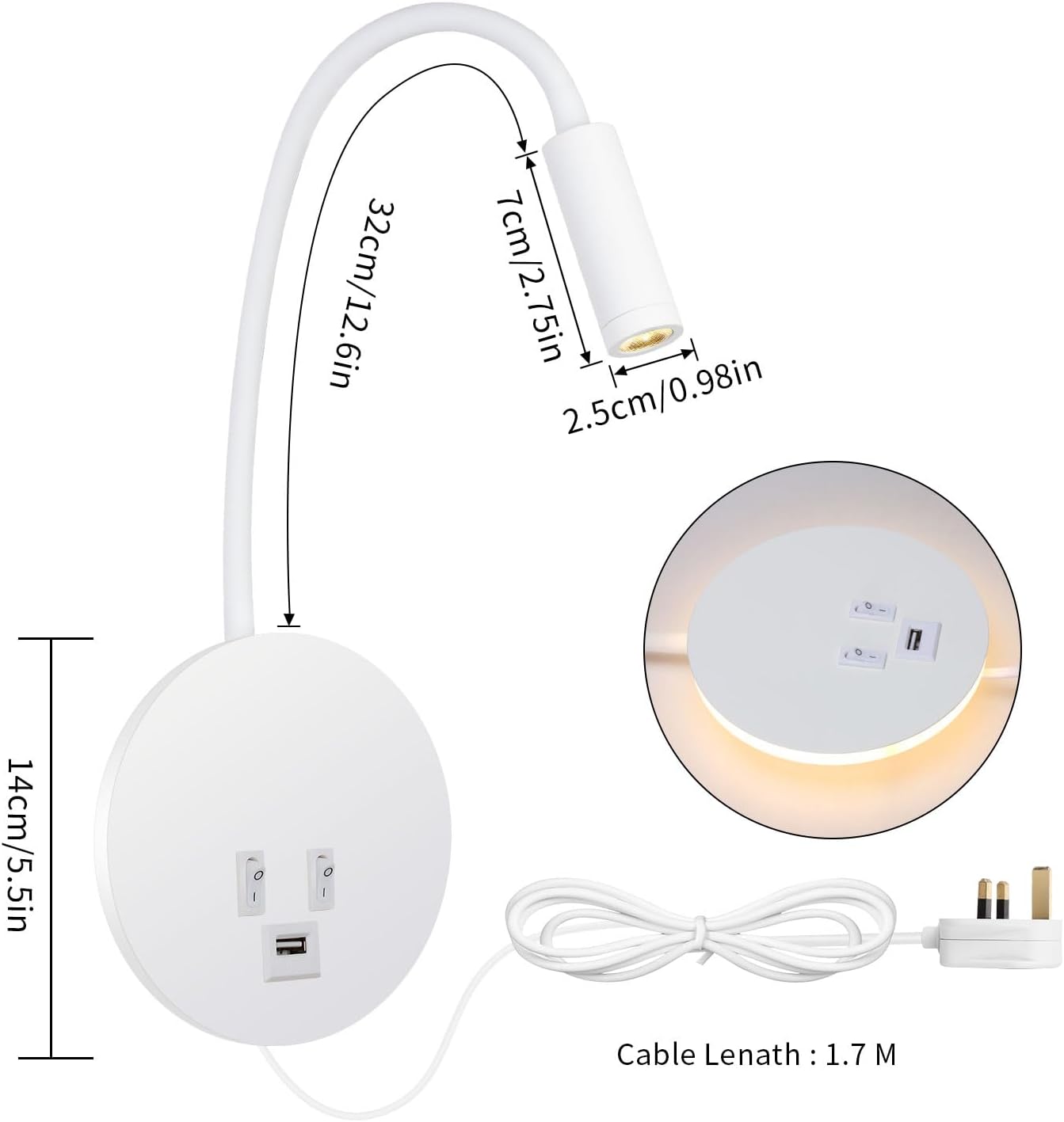 White LED desk lamp with flexible neck, USB port, and cable length measurement on a white background.