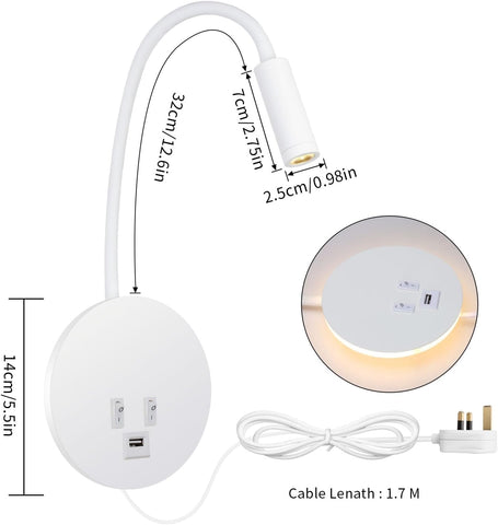 White LED desk lamp with flexible neck, USB port, and cable length measurement on a white background.