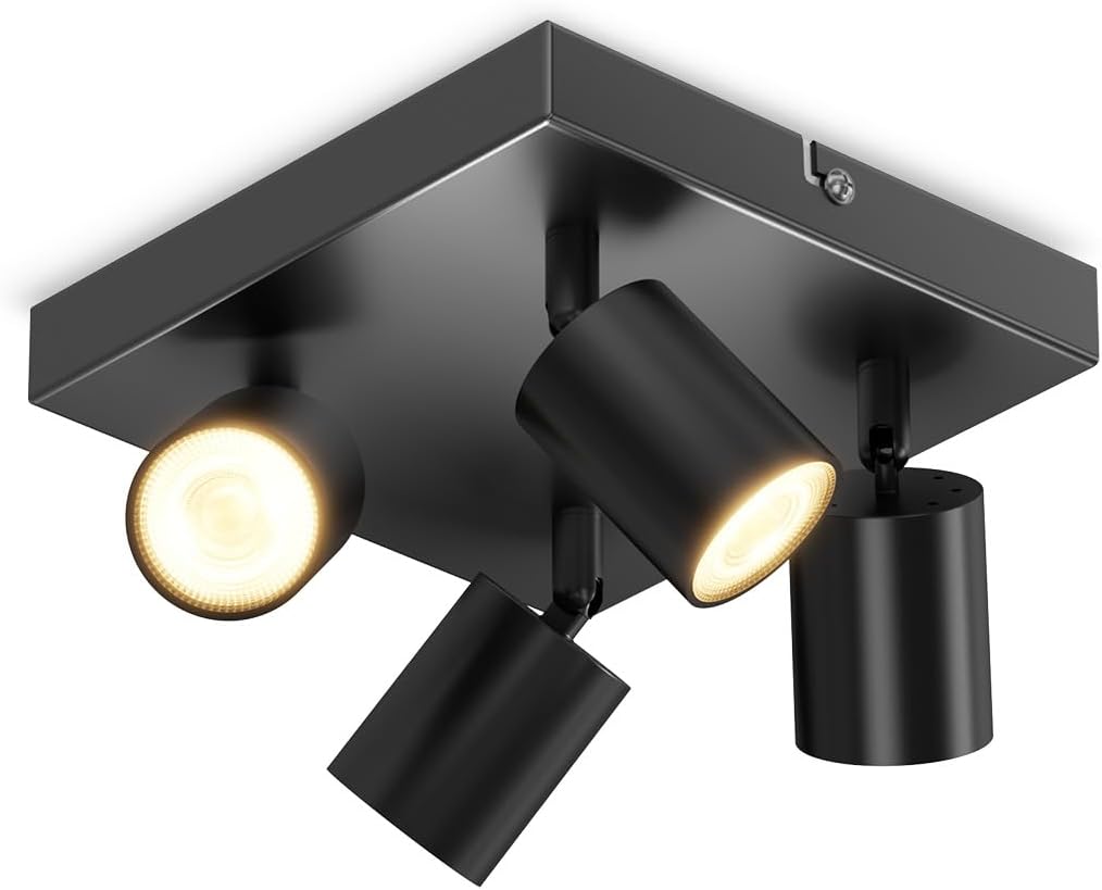 Black Square GU10 Ceiling Light – 4 Way Adjustable Spotlight Fitting for Kitchen, Bedroom, Lounge, Dining Room (Bulb Not Included)