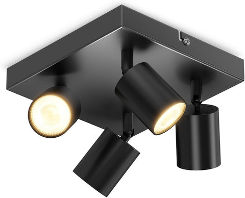 Black Square GU10 Ceiling Light – 4 Way Adjustable Spotlight Fitting for Kitchen, Bedroom, Lounge, Dining Room (Bulb Not Included)