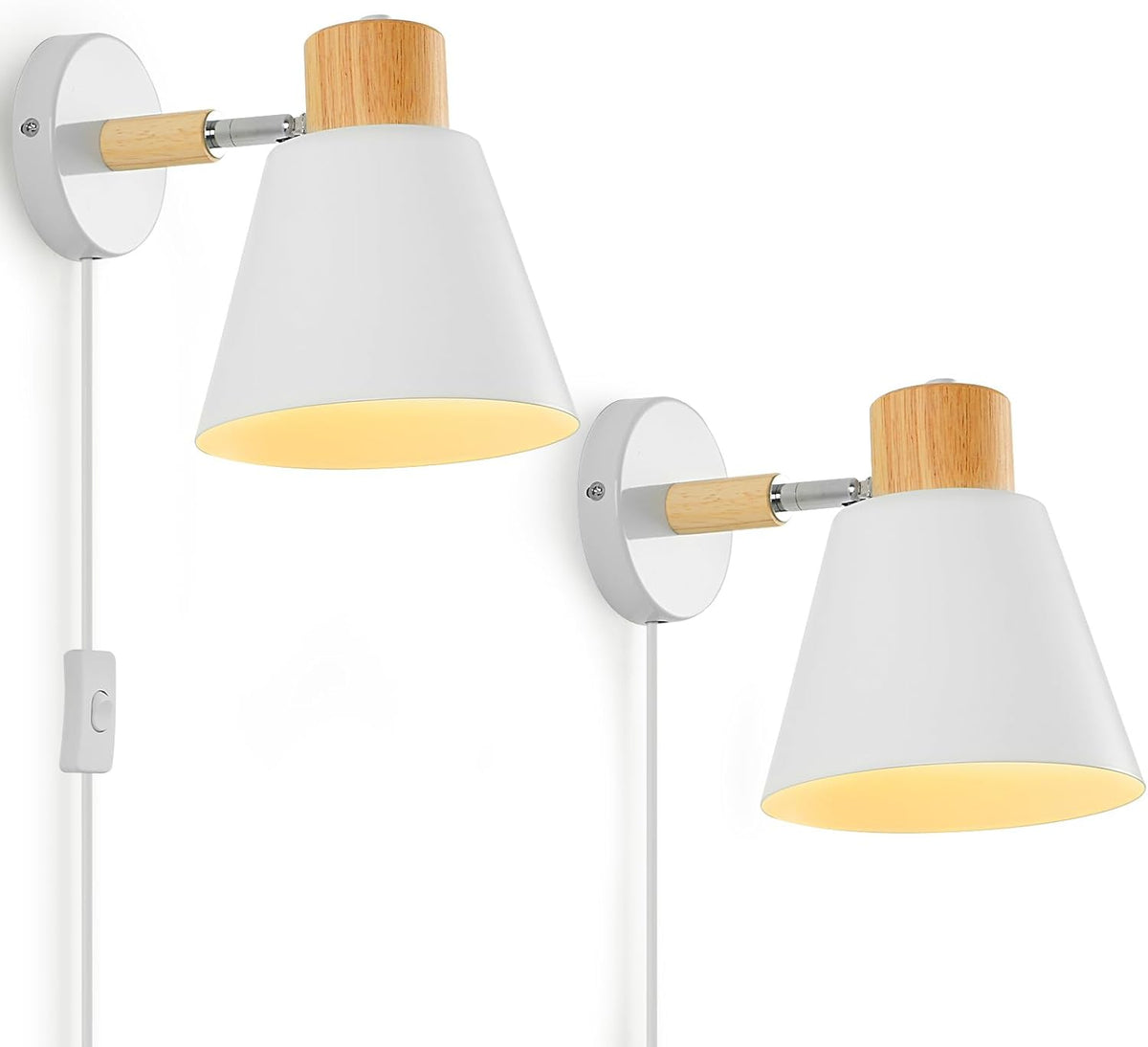 Two wall-mounted lamps with white shades and wooden accents on a white background