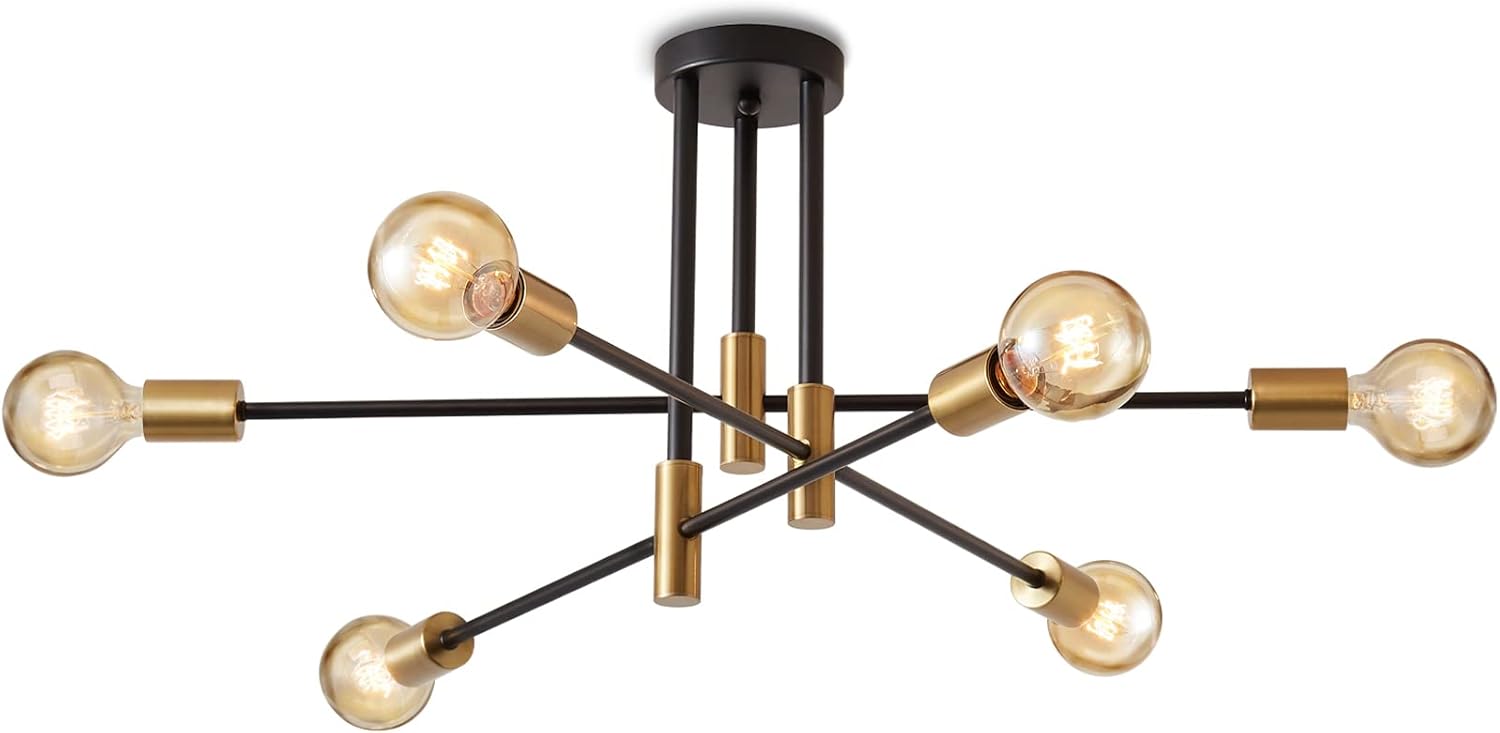Modern ceiling light fixture with gold and black design on a white background