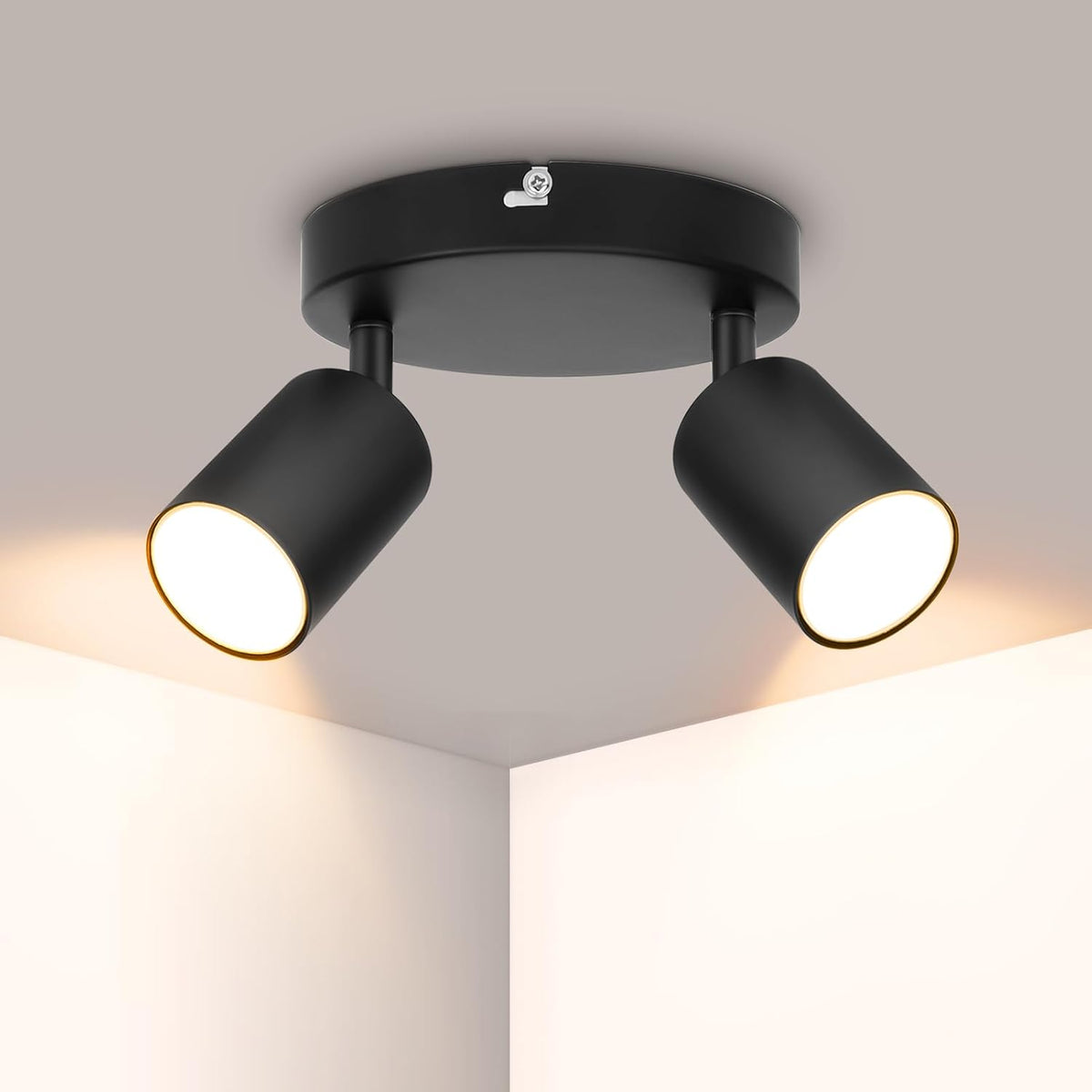 Black ceiling light fixture with two illuminated spots on a neutral background