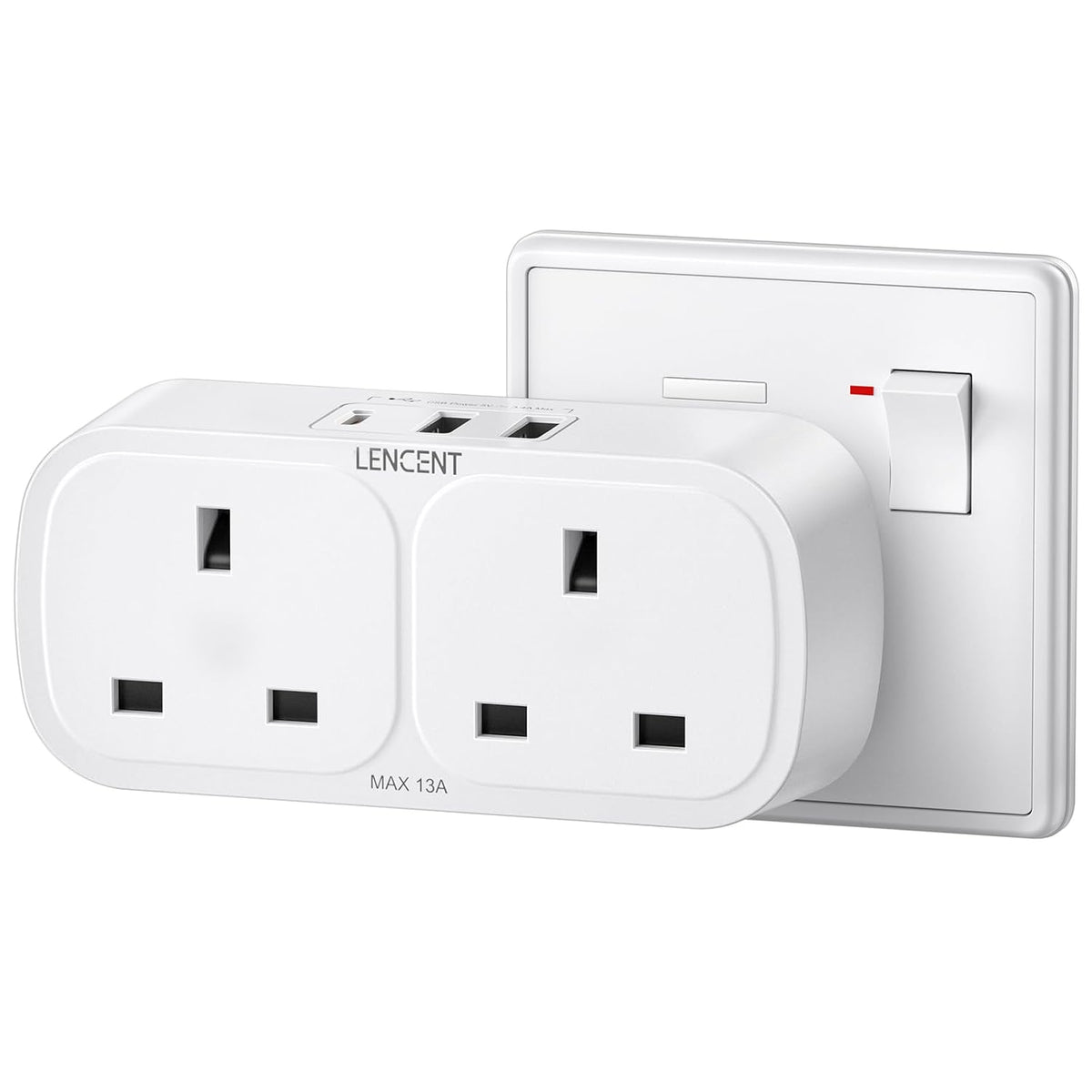 LENCENT Double Plug Adapter with 3 USB Ports – UK 2-Way Socket Extender with USB-C, 13A 3250W – Make One Wall Socket Work Harder for Your Everyday Life