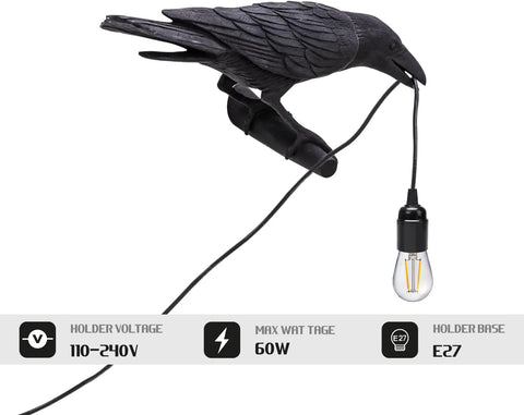 Set of 2 Black Birds Wall Lamps Resin Crow Desk LED Lamp E27 Base Modern Raven Art Deco Bedside Decor Plug in Cord Table Lamps for Bedroom, Office, College Dorm, Right Black Wall