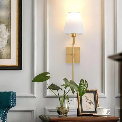 Battery Wall Sconces Sets of 2, Classic Brushed Brass Sconces Wall Lighting,Hardwired Bathroom Vanity Light Fixture with Fabric Shade for Bedroom Living Room