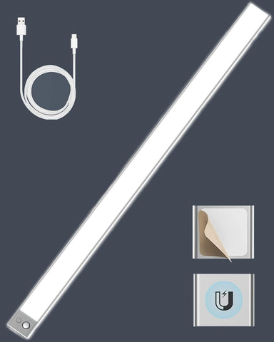 Under-cabinet LED light bar with USB cable and power switch on a dark background