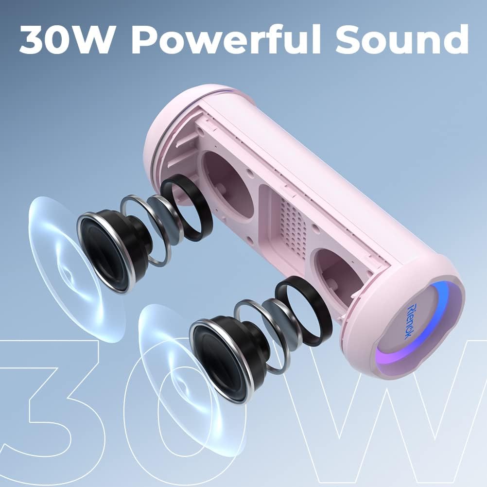Pink portable speaker with '30W Powerful Sound' text on a blue background
