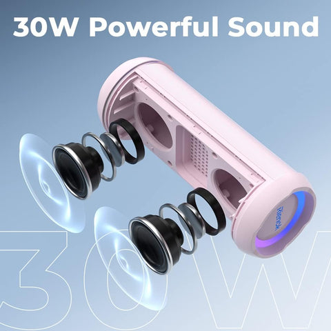 Pink portable speaker with '30W Powerful Sound' text on a blue background