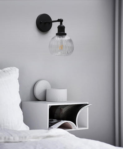 Vintage Wall Light Sconce with Clear Striped Glass Globe Shade, Modern Indoor Wall Vanity Light Fixture for Farmhouse Living Room Bedroom Bathroom