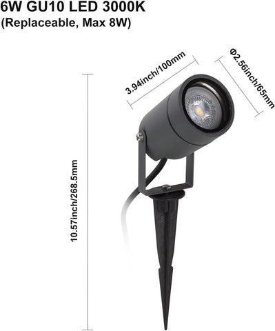 DAWALIGHT Garden Spike Light GU10 5W 3000K Warm White LED Outdoor Spot Lights Mains Powered IP65 Waterproof Adjustable Landscape Lights for Garden Path Lawn Walkway, Aluminum, Dark Grey