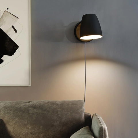 Plug in Wall Lamp Black,Bedside Wall Light with Switch,Modern Wood Sconce for Bedroom with 180°Rotation Metal Shade,Indoor E26 Wall Lamp for Living Room,Dining Room,Hallway,Stairway