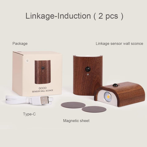 Linkage-induction components including a package, linkage sensor wall sconce, Type-C cable, and magnetic sheet on a light beige background.