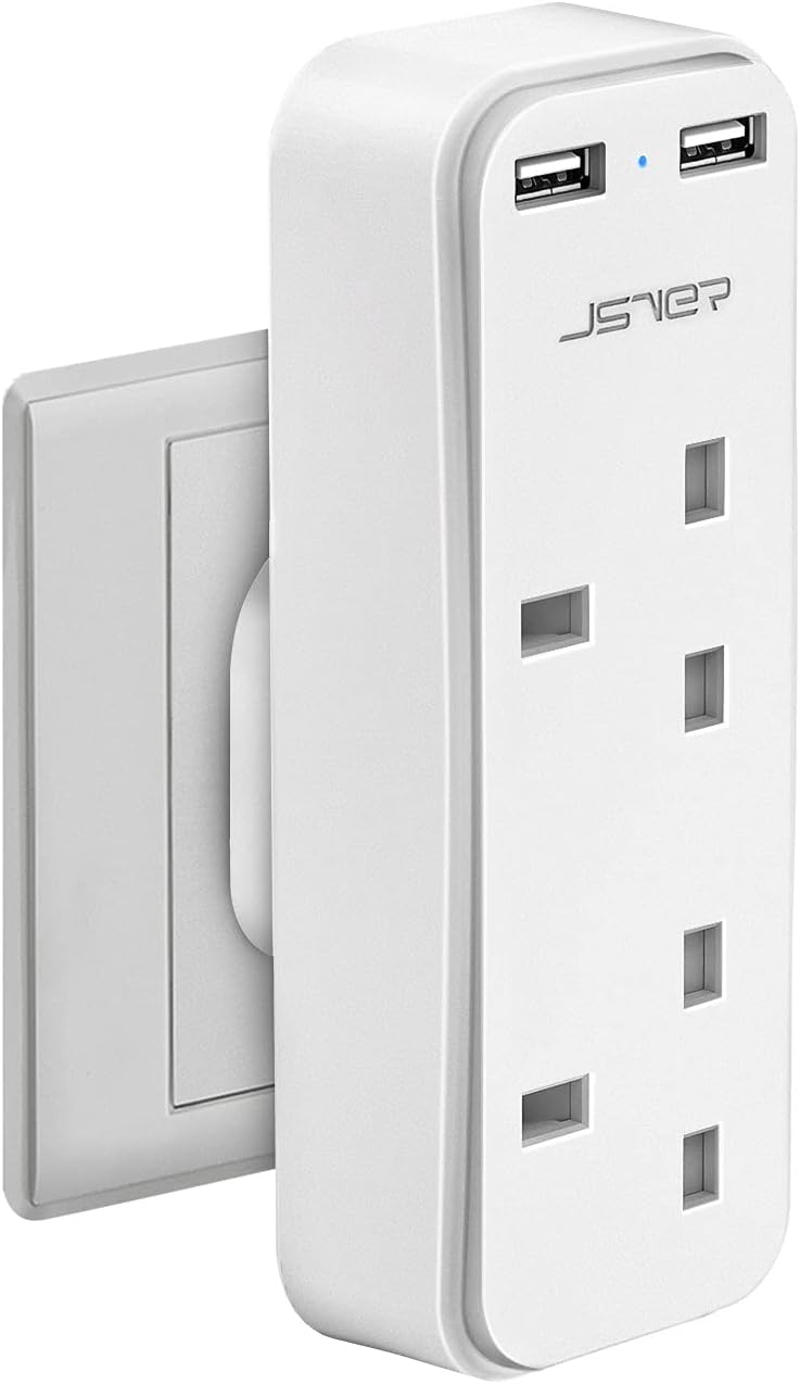 JSVER Double Plug Adaptor with 2 USB Ports – 13A White 2-Way UK 3-Pin Socket Adapter with 2.4A USB Charging for Home & Office – Make One Wall Socket Work Harder for Your Everyday Essentials