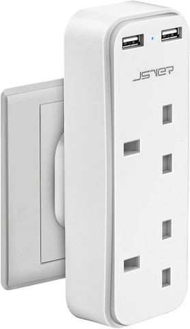 JSVER Double Plug Adaptor with 2 USB Ports – 13A White 2-Way UK 3-Pin Socket Adapter with 2.4A USB Charging for Home & Office – Make One Wall Socket Work Harder for Your Everyday Essentials