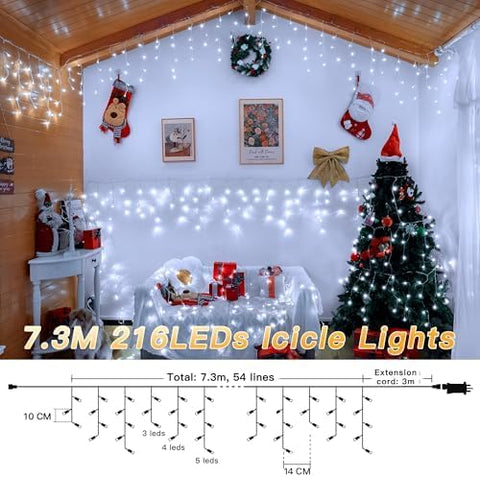 7.3M 216 LED Icicle Outdoor Christmas Lights – Cool White Hanging Fairy Lights for Roofs, Gutters, Windows & Walls - Give Your Home a Crisp Christmas Glow