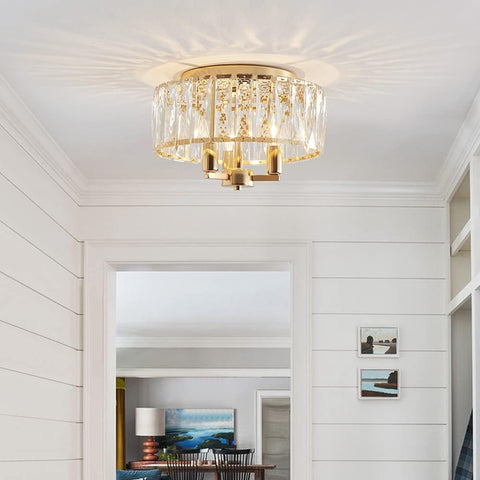 Modern K9 Crystal Flush Mount Ceiling Light, Gold Finish, 3-Light E14