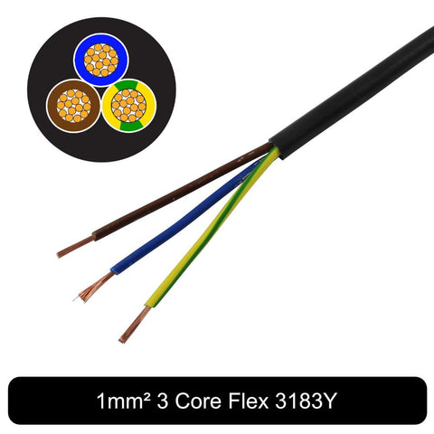 AUTOWIRING 3 Core Flex Black PVC Flexible Cable 1.0mm2 10 Amp 3183Y Wire Mains Round 240V (50M Roll)