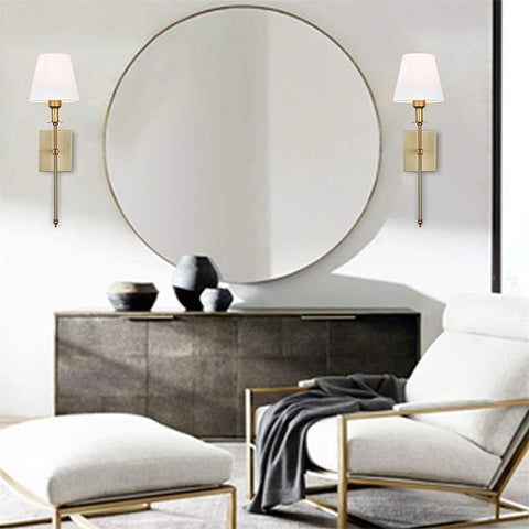 Battery Wall Sconces Sets of 2, Classic Brushed Brass Sconces Wall Lighting,Hardwired Bathroom Vanity Light Fixture with Fabric Shade for Bedroom Living Room