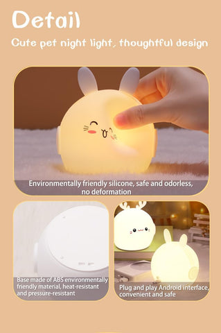 Cute pet night light with a hand holding it, featuring text about its design and features.