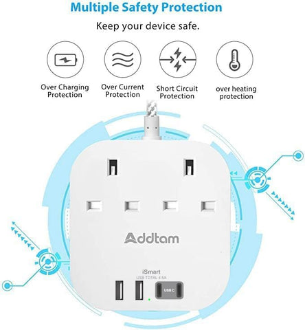 Addtam Extension Lead with 2 AC Outlets, 4 USB Ports & 1.6m Braided Cable – Keep Your Everyday Devices Charged Without the Desk Clutter