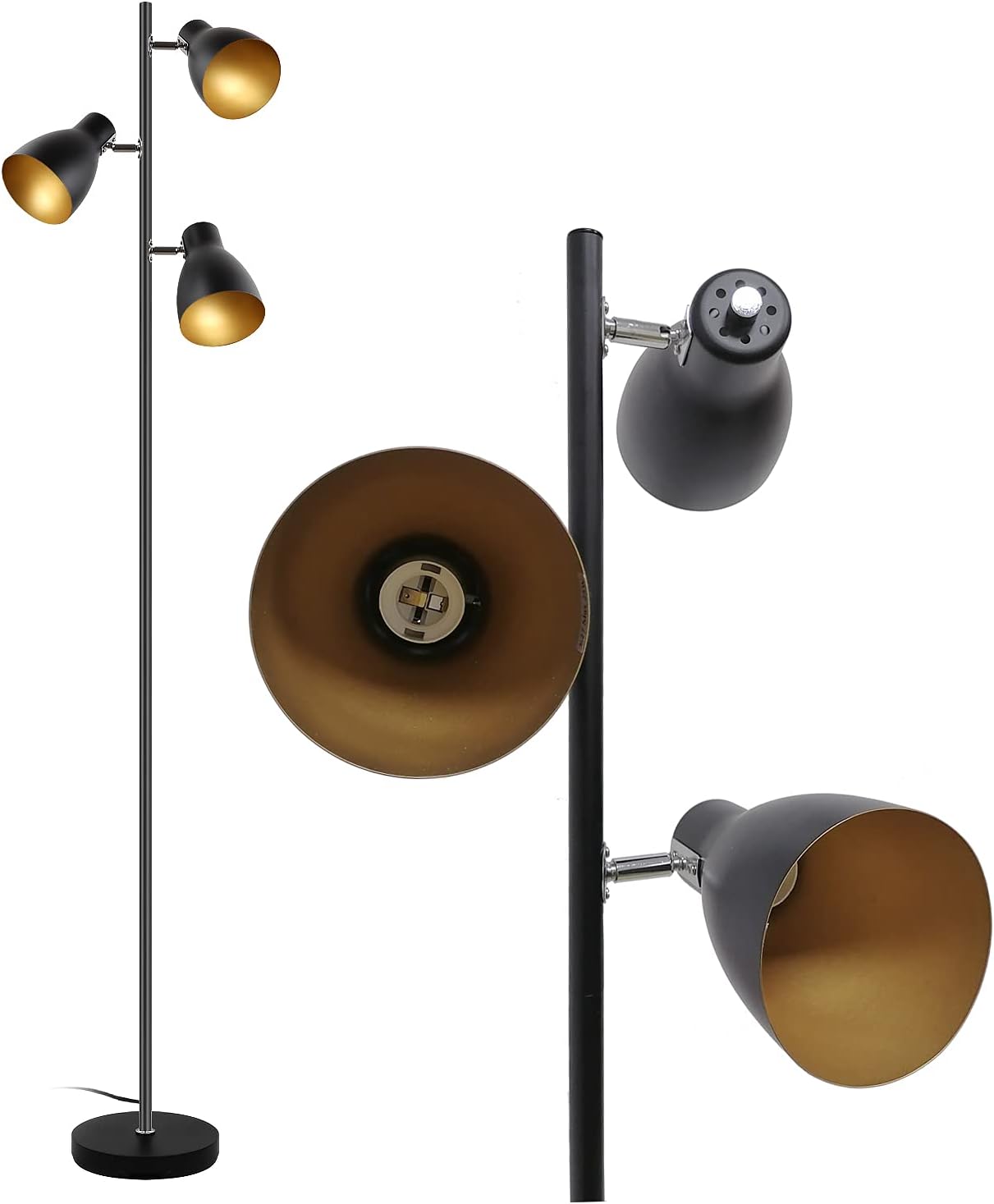 Modern floor lamp with three adjustable lampshades on a white background