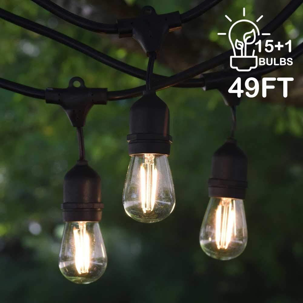 Outdoor String Lights 49FT Heavy Duty Commercial Grade Waterproof String Lights, 15 E27 Sockets, 15 Shatterproof LED Bulbs (2W Warm White), Garden Light for Patio, Backyard, Cafe
