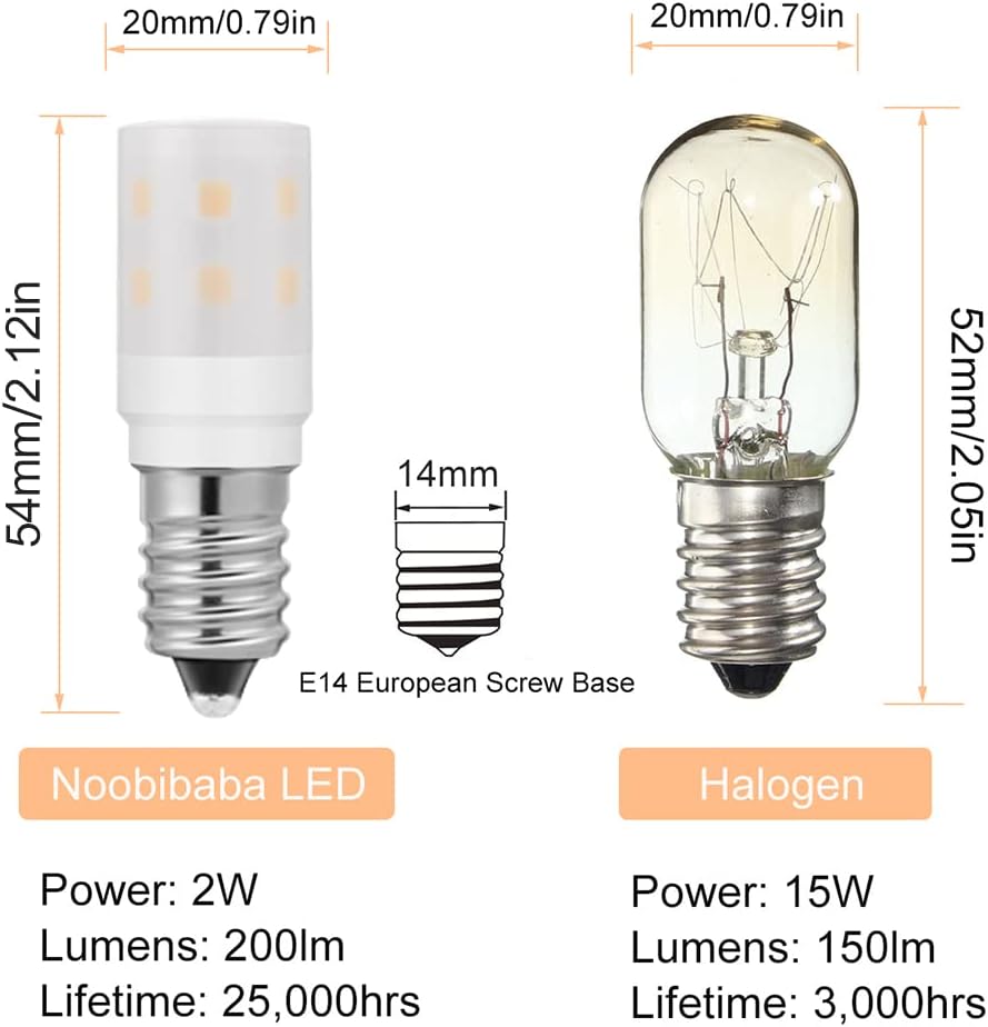 Comparison of Noobibaba LED and Halogen light bulbs with dimensions and specifications.