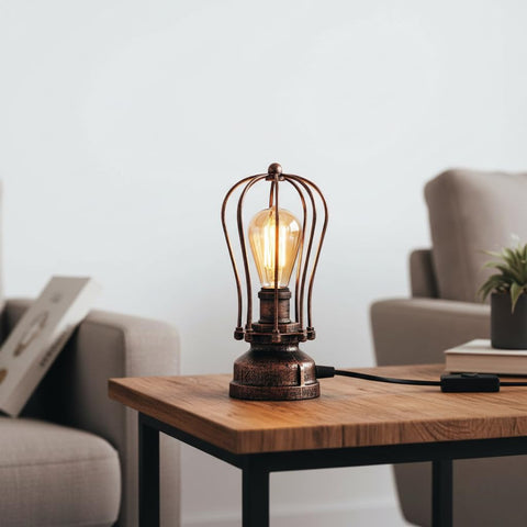 DC VOLTAGE Industrial Cage Table Lamp Black E27 LED Bedside Desk Light – Vintage Steampunk Metal Lamp for Bedroom, Living Room, Office, Café & Bar