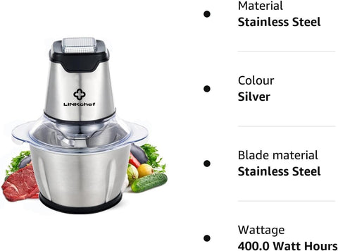 LINKChef Mini Food Chopper – 400W, 1.2L Stainless Steel Bowl, 4 Blades, Electric Processor for Meat, Vegetables & Baby Food