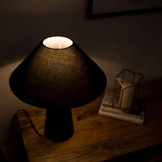 Matt Black Cone Shaped Bedside Table Desk Lamp with a Tapered Fabric Light Shade