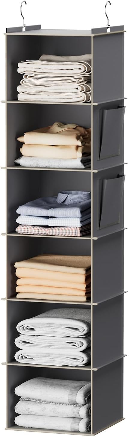 YOUDENOVA Hanging Wardrobe Organiser, 6 Shelves with Side Pockets, Grey – Make Every Shelf Count