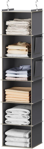 YOUDENOVA Hanging Wardrobe Organiser, 6 Shelves with Side Pockets, Grey – Make Every Shelf Count