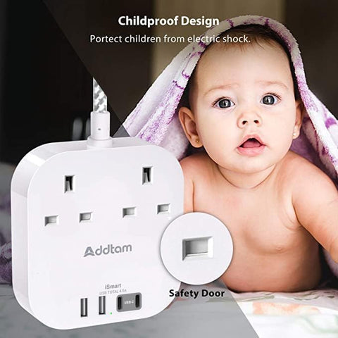 Addtam Extension Lead with 2 AC Outlets, 4 USB Ports & 1.6m Braided Cable – Keep Your Everyday Devices Charged Without the Desk Clutter