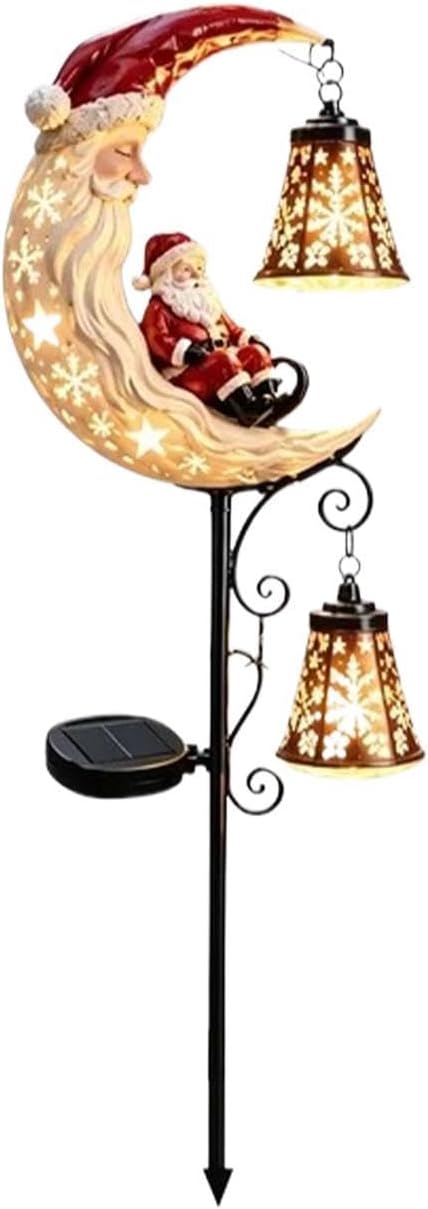 Solar Santa Claus Resin Christmas Moon LED Lights with Lantern