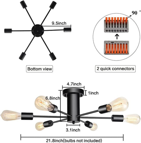 Black modern ceiling light fixture with measurements and quick connectors on a white background