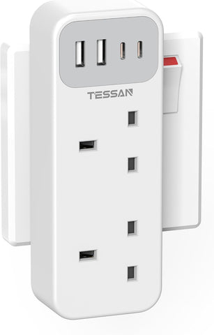 TESSAN Double Plug Adapter UK with 2 USB-C & 2 USB-A Ports – 6-in-1 Multi Plug Socket for Home, Office & Travel - Give Every Device Its Own Little Corner