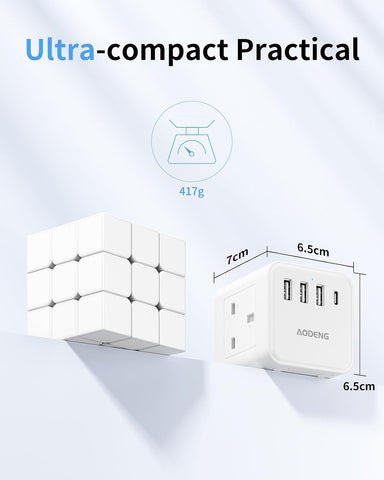 White 4-Way Extension Lead with 4 USB Ports, USB-C, Shaver Socket & 1.5m Cable – Keep Your Everyday Essentials Connected Without the Desk Clutter