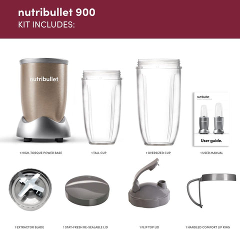 Blender 900 Series 8-Piece Set – 24,000 RPM High-Speed Extractor, 900W Personal Smoothie Maker with Oversized & Tall Cups, Lids & Handled Ring – Champagne