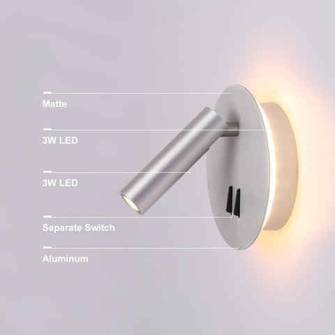 DAWALIGHT Adjustable LED Bedside Wall Lights 2-in-1 Silver